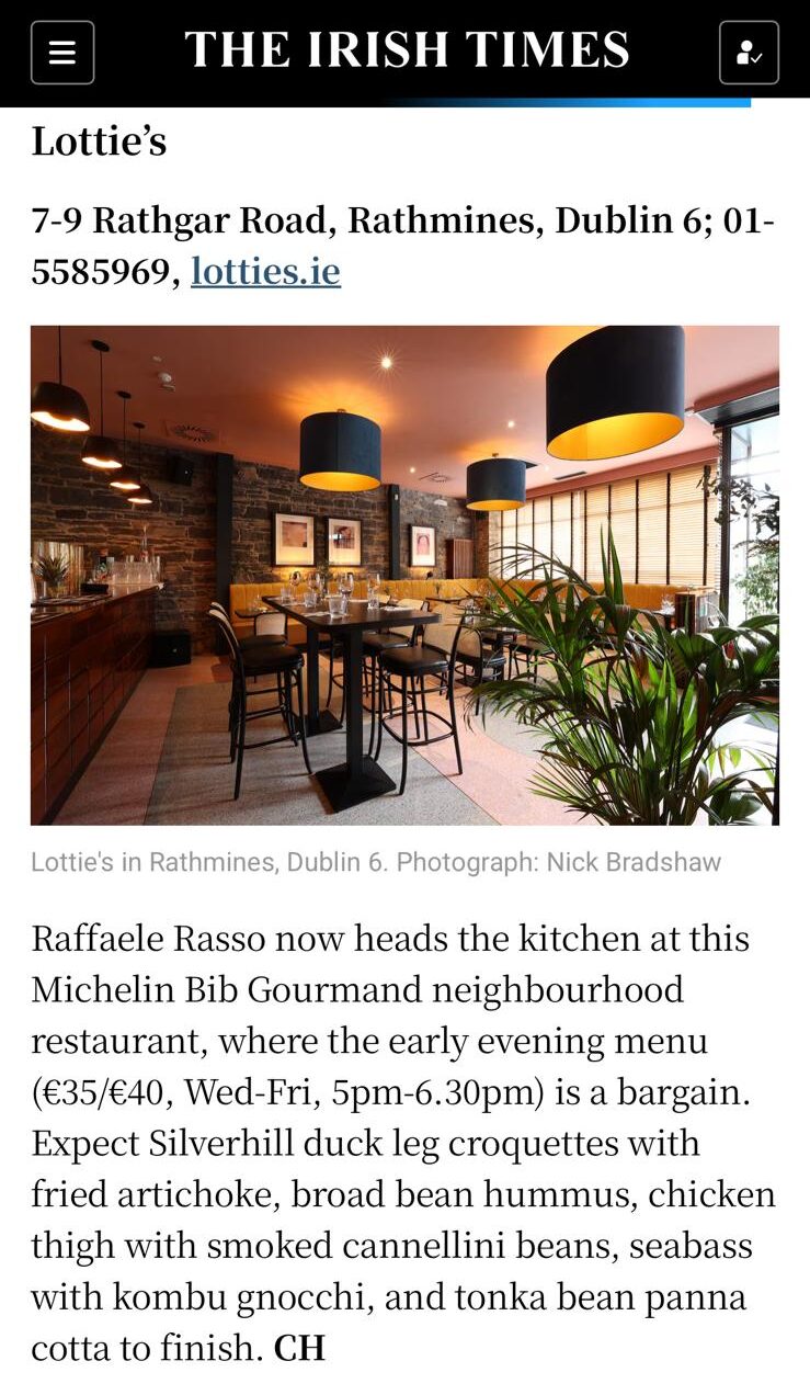 Irish Times 100 great restaurants, cafes and places to eat in Dublin